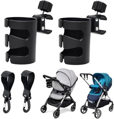 2 Stück Getränkehalter Kinderwagen,Mit 2 Haken,Kinderwagen Getränkehalter,Becherhalter Kinderwagen,Flaschenhalter Kinderwagen,Universal,Einstellbar,360-Grad-Drehung,Für Trolleys Und Rollstuhl