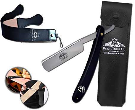 Manual Beard Shaving Razor - Men's Black Shaver - Cut Throat Razor - Shaving Razor - Barber Razor - Stainless Steel Facial Razor - Straight Razor - Genuine Leather Sharpening Strop Strap