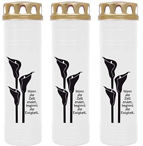 HS Candle Grabkerze - 3er Pack - (Weiß) Grablicht ca. 7 Tage Brenndauer je Kerze - Motiv: Calla