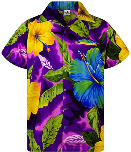 King Kameha Funky Chemise-Hawaienne, Manche-Courte, Big-Flower, Violet, M