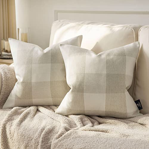 Phantoscope 2 Stück Gingham Buffalo Check Plaid Throw Decorative Pillow Cover Outdoor Indoor Throw Pillows Farmhouse Square Pillow Cases for Home Decor Off White, 50,8 x 50,8 cm