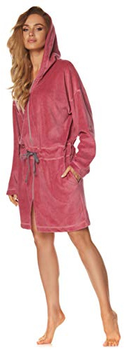 L&L - 9118 Bademantel mit Reißverschluss Damen weicher, Leichter Bademantel Warmer und Langer Bademantel. Ganzkörperansicht, Reißverschluss, Hausmantel mit Kapuze für Damen. (Cherry, Large)