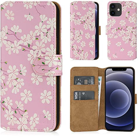 32nd Blumen Series 2.0 - PU Leder-Mappen-Hülle Case Cover für Apple iPhone 12 (6.1) / iPhone 12 Pro (6.1), Blumendesign hüllen Mit Kartensteckplatz und Magnetverschluss - Kirschblüte