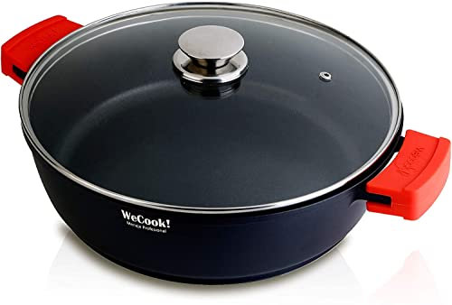 WECOOK! Ecostone Cazuela Baja Inducción con Tapa de Cristal 24cm, Antiadherente XTRA DUPON Ecológico sin PFOA, Aluminio Fundido, 5mm Espesor, 7,5cm Alto, Asas Silicona, Vitrocerámica, Gas Negro