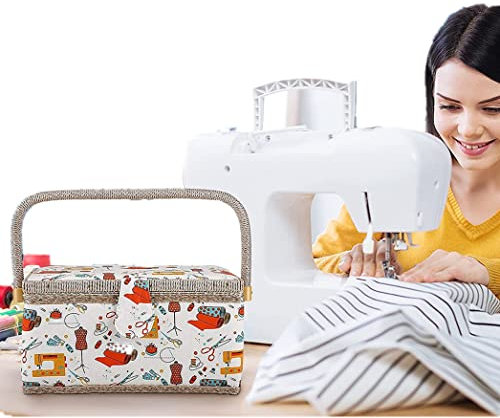 Ejoyous Nähkorb, Stoff-Nähkasten im ländlichen Stil mit abnehmbarem transparentem Tablett Nadelkissen-Tasche Magnetverschluss für Heim- und Reisestil, 10,9 x 7,1 x 5,7 Zoll
