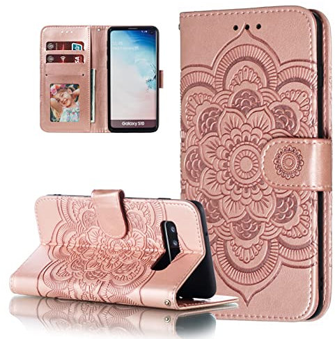 EYZUTAK Mandala Hülle für Samsung Galaxy S10 Plus,Premium Leder Flip Brieftasche Kartenfächern Holder Magnetic Ständer Schutzhülle Handyhülle Ultra Slim Case mit Lanyard, Prägung Klapphülle-Roségold