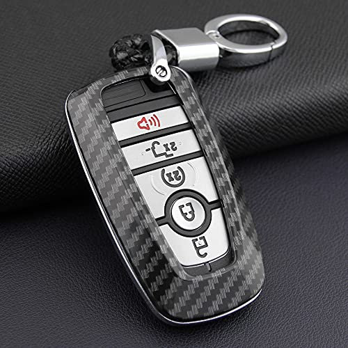 Qirc Coque de clé de voiture en fibre de carbone ABS pour Explorer F-150/250 Mustang Ecosport Smart Key Protector Auto Keychain Accessoires de voiture Décoration (coque avec porte-clés)