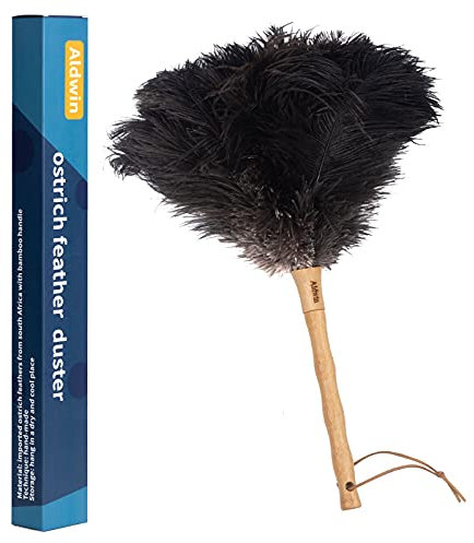 Aldwin Ostrich Feather Duster, 16 inch Black Ostrich Feathers with Wood Handle, Reusable and Washable Car Dusters, Eco-Friendly Cleaning Dusters for Home, Office and Kitchen