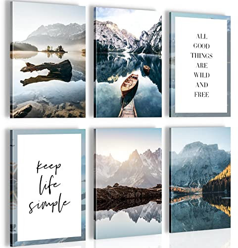 Novart Wandbilder Set Berge und See - KOMPLETT AUFHÄNGFERTIG - Made in Germany - Moderne Bilder Wohnzimmer Schlafzimmer Flur - N003664b