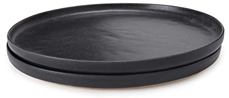 URBANARA Teller Malhou – 2x26 cm, Schwarz, 100% Stein, Steingut – 2er Set, Geschirrset Camping Pastateller Suppenteller Tafelservice Kuchenteller Tiefe Frühstücksteller Speiseteller Dessert