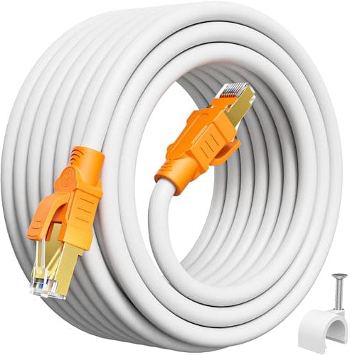 MEIPEK Cable Ethernet 30m Cat 8, Cable RJ45 Blindé Haut Debit 40Gbps 2000MHz 26AWG S/FTP PIMF Cable LAN Extra Long Impermeable Cable Reseau Blanc POE Cable Internet pour Modem Routeur