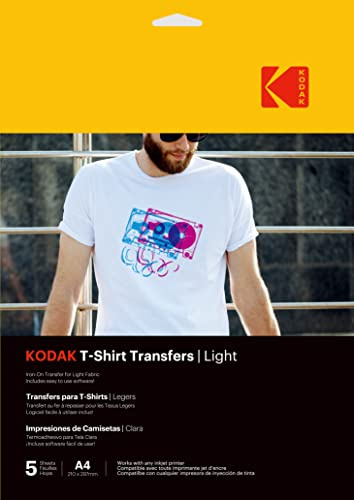 KODAK T-Shirt Transfers - T-Shirt zum Erstellen und Personalisieren, Hochwertiges Thermotransferpapier, Software Inklusive, Langlebig und Widerstandsfähig gegen Verblassen - Schwarz | Weiß, Packung mit 5 Blatt, für leichte Stoffe, A4-Format, Software enthalten, lange Lebensdauer