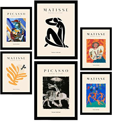 Nacnic Set mit 6 Postern von Picasso und Matisse. Abstrakte Gemälde. Drucke des Fauvismus und Surrealismus für Innenarchitektur und Dekoration. A3 & A4 schwarze Rahmen.