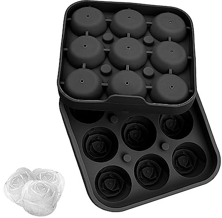 Jagowa Rose Silicone Ice Cube Tray with Lid 9 Cavity Ice Cube Moulds 3D Ice Ball Maker for Making Drinks, Whiskey, Cocktails (Black)