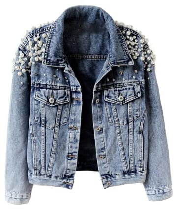 Veste en Jean Manches Longues pour Femme - Blouson en Denim avec Clou Perlé