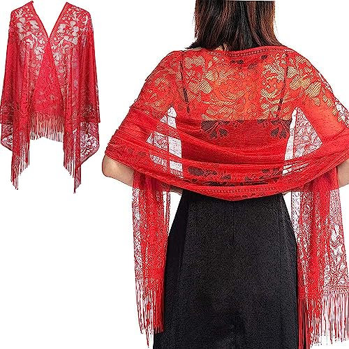 RY-EARL Scialli e sciarpe per signore Stola per abiti da sera Sciarpa in pizzo da donna con frange Fazzoletto da collo