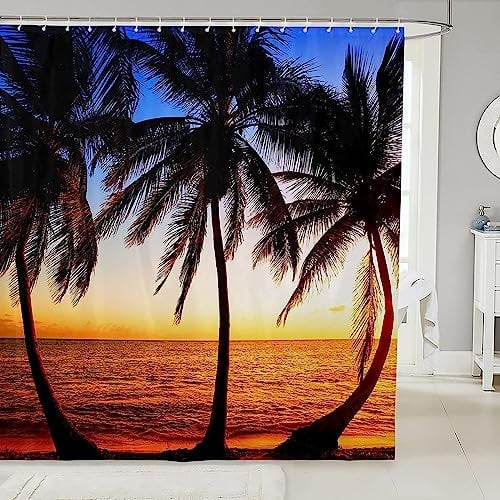 Duschvorhang 240x200 Palme Duschvorhang Sonnenuntergang Am Strand Badezimmer Vorhang Antischimmel Wasserdicht 3D Effekt Duschvorhänge Textil Polyester Stoff für Badewannen mit Haken