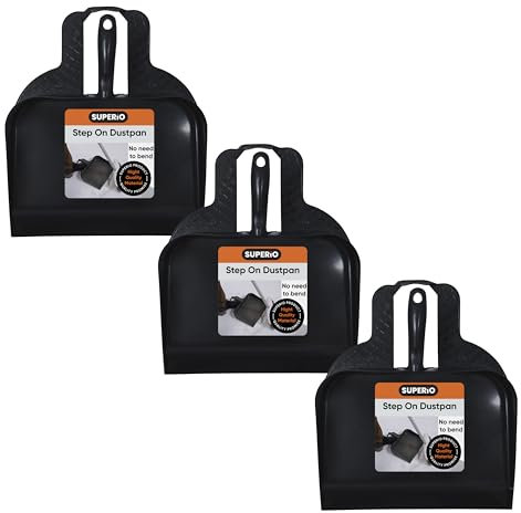 Superio Heavy Duty Plastic Step-on Dustpan with Comfort Grip Handle Black, Durable, Lightweight Multi Surface Dust Pan Easy Broom Sweeping, 10-inch Wide, 3-Pack