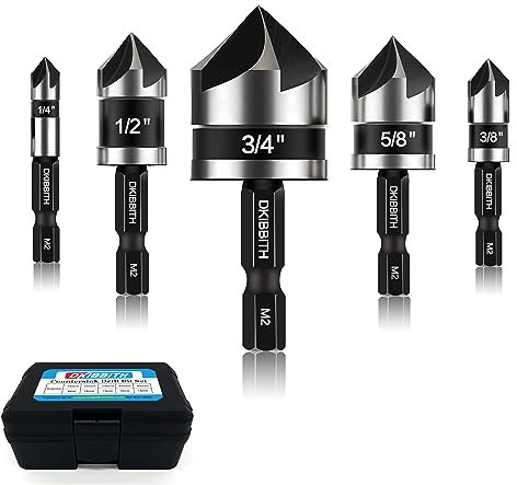 Countersink Drill Bit Set 5-Piece, M2 HSS, 82 Degree, 5 Flute, ¼” Quick Change Hex Shank, 1/4” 3/8” 1/2” 5/8” 3/4” Sharp and Durable Countersink Bits for Metal Wood and Plastic, with Storage Case
