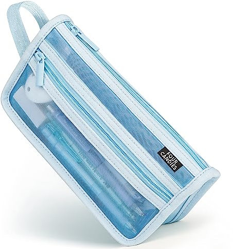 Four Candies Gitternetz-Federmäppchen mit Griff und Reißverschluss, durchsichtiges Doppellagiges Stifteetui, Marker-Beutel, Reise-Make-up-Tasche, niedliche transparente Schreibwaren-Organizer