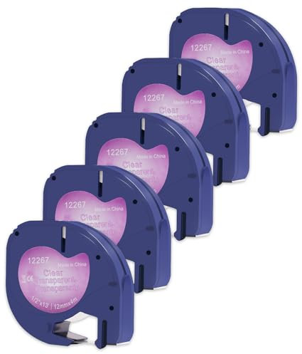 Doree 5er-Pack Etikettenband Transparent 16951 12267 S0721530 12mm x 4m Kunststoff Bänder, Kompatibel mit Dymo Letratag LT-100H, LT-100T, LT-100T Plus, LT-200B, LT-2000, LT-QX50
