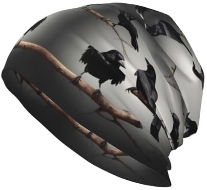 Schwarze Krähenvögel auf einem Ast Druck Erwachsene Herren Strickmütze Unisex Beanie Mütze Kopfbedeckung Strickmützen Slouchy Skull Cap Nightcap, Schwarze Krähenvögel auf einem Ast, EinheitsgröÃŸe