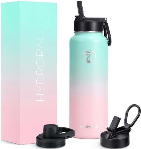HydroPal Edelstahl Trinkflasche - 750ml, 1L, 1,2L, BPA-Frei, Kohlensäure geeignet, Isolierte flasche mit Strohhalm & 2 Deckel, Auslaufsichere Isolierflasche für Sport (Grünlich-rosa, 1200 ml)