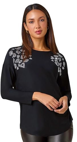 Roman Originals Women Sparkly Embellished Jumper Ladies Diamante Sequin Hotfix Winter Sweater NYE New Year's Eve Christmas Party Going Out Shiny Smart Work Pullover - Black Silver - Size 12