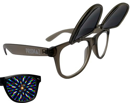 PRISMAZ Hochklappbare Beugungsbrille Für Fantastische Regenbogen Kaleidoskop Effekte - Als Festival Rave Feuerwerk Party Accessoire (Matt Transparent Grau (Sonnenbrille Oben))