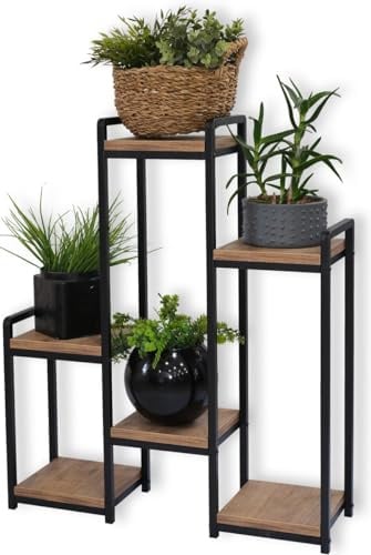 WDMT Rechteckig Plantentisch aus Metall & Holz – Rechteckiger Blumenständer für Innen & Außen – Pflanzentisch & Pflanzenhalter – Garten- & Wohn-Dekoration – Modernes Design – Schwarz