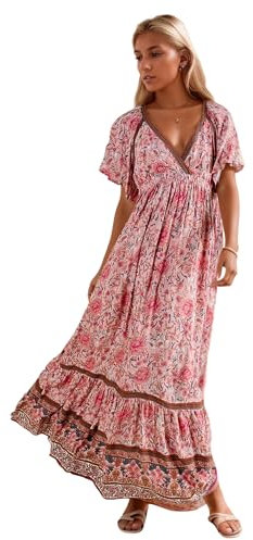 R.Vivimos Femmes D'été à Manches Courtes Col en V Robe Bohème Fleur Patch Robe Taille Empire A Ligne Volants Robe Longue(XL,Pink)