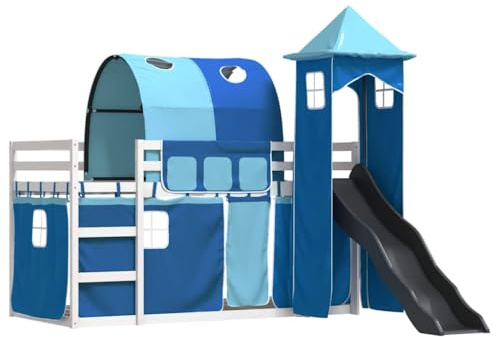 vidaXL Letto a Castello con Scivolo e Tende Blu 90x190 cm