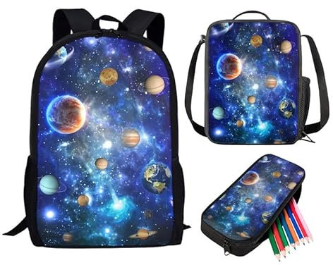 Garronmavis Multifuncional azul cielo estrellado planeta conjuntos escuela secundaria 3D noche estrellada estrellas bolsa de almuerzo reutilizable gran capacidad estuche para niñas niños estudiantes