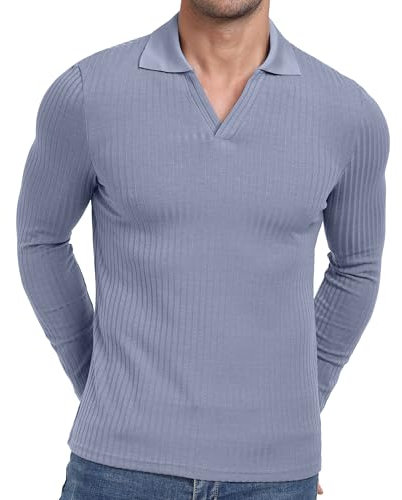 AIYINO Mens Knit Polo Jumpers Long Sleeve Casual Golf Polo Lightweight Collar Pullover Sweaters Gray Blue L