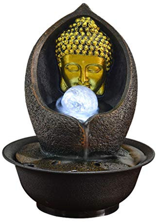 Fuente de mesa Fuente de Buda interior - Fuente de agua de mesa Zen Escultura de Buda dorado y agua circulante Decoraciones interiores para dormir Relajación Meditación Fuente de agua Decoración