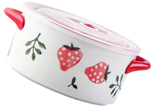 VILLFUL Keramikschale Mit Doppelgriff Erdbeermuster Und Deckel Für Suppe Ramen-nudelschüssel Haushaltsbehälter Lunch-essensschüssel Für Picknick Camping