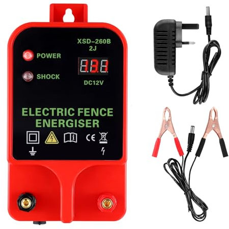 Electric Fence Energiser Input 12V, 6.2 Miles Electric Fence Charger Output 12KV 2J Output High Voltage Pulse Controller for Livestock,Large Animals,Horse, Sheep, Keep Away Predators (Without Alarm)