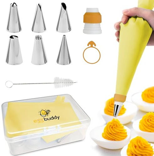 Egg Buddy Deviled Egg Piping Tool – Reusable Piping Bag and Tips Set, 9 Piece Silicone Piping Bag Decorator & Filler Kit for Perfect Party Appetizers!