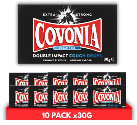 Covonia Double Impact Cough Drops Sugar Free 10 Pack x 30g, Powerful Menthol Vapours, Suitable for Vegetarians & Diabetics, Alcohol Free Cough Drops, 30g