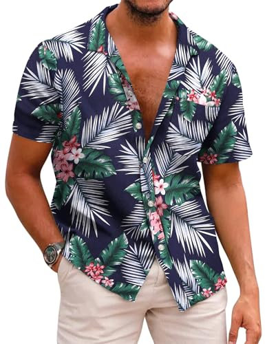 COOFANDY Herren Hemd Kurzarm Hawaii Hemd Männer Kurzarmhemd Baumwolle Hawaiihemd Bügelfrei Sommerhemd Blumen Shirt Strandhemd Urlaubshmd Button Down Hemden for Herren B-Palmblätter L