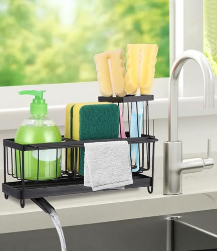 Organizador de Fregadero, Soporte para Esponja y Estropajo de Cocina, Soporte Esponja Fregadero Acero Inoxidable, con Bandeja de Desagüe Extraíble, Organizador Fregadero Cocina para Encimera