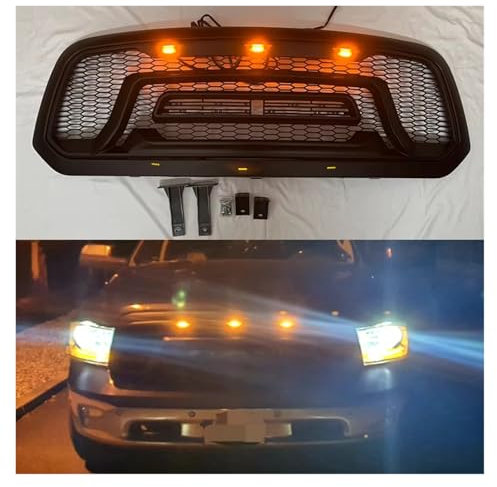 Doppelsteg Nieren Vorne Grill Für Dodge Für Ram 1500 2013-2018 Für Raptor Style Front Mesh Grill Racing Grille ABS Schwarze Stoßstangenmaske Ersatzgitter Grill Front(Orange LED)