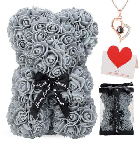 Rose Bear Gift, 10 Inch Artificial Flower Rose Teddy Bear with Gift Box, for Anniversary, Valentine's Day, Wedding, Birthday, Romantic Gift for Her (Gray)