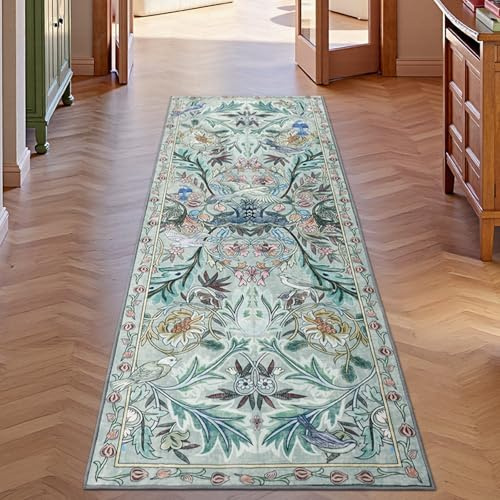 TUKDAK Vogel Teppich Läufer Flur 60x180cm, Grün Tier Küchenläufer Waschbar, Weicher Kurzflor Teppichläufer rutschfest, Vintage Waschbarer Küchenteppich Wohnzimmer Badezimmer Schlafzimmer