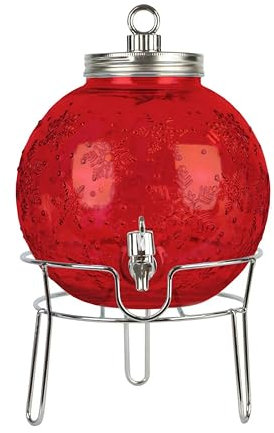 Getränkespender rot mit Ständer - Form: Christbaumkugel - für ca. 6 l, Limobehälter, Zapfhahnflasche mit Deckel, Wasserspender aus Glas - Weihnachtsdeko