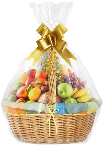 10pcs Clear Plastic Cellophane Gift Wrap Bags for Hampers Kit with Pull Bows Basket Bags Easter Christmas Birthday