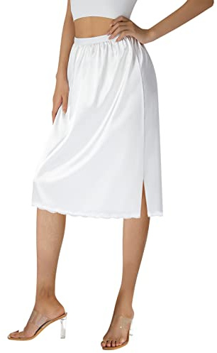 Edhomenn Women's Satin Half Slips Solid Color Long Underskirt Elastic Waist Inner Lining Midi Skirt Y2k Ladies Petticoats Under Dresses