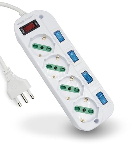 Mach Power Ciabatta Multipresa Elettrica 4 Posti Polivalenti ITA 10/16A e Schuko, 4 Interruttori Indipendenti e 1 Generale, Cavo da 1,5m con Spina Italiana 16A, Potenza 250V/3500W, (MP-3054)