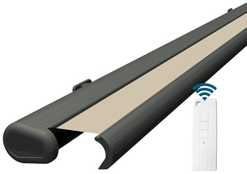 Eclipse Vollkassettenmarkise elektrisch 3,5x3,0 m basaltgraues Gehäuse Markise Balkon Terrassenüberdachung Gelenkarm Polyacryltuch UV-Schutz 50+ Smarthome-fähiger Dooya Motor, Markisentuch: Kiesel