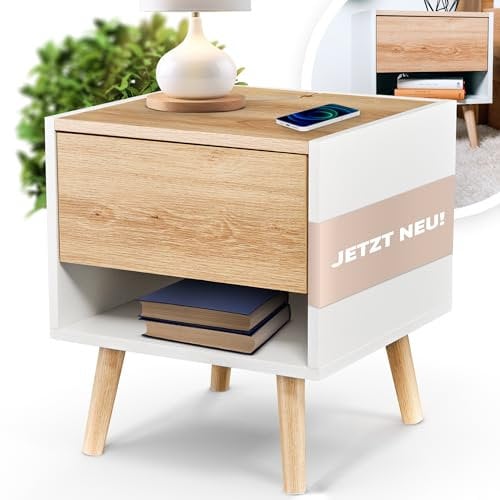 DREAMBOX Nachttisch mit integriertem Kabelmanagement - [modernes Design] Eichenoptik-Nachtschrank & Kabel Organizer - für EIN ordentliches Schlafzimmer - Bedside Table nachtkästchen nachtkommode